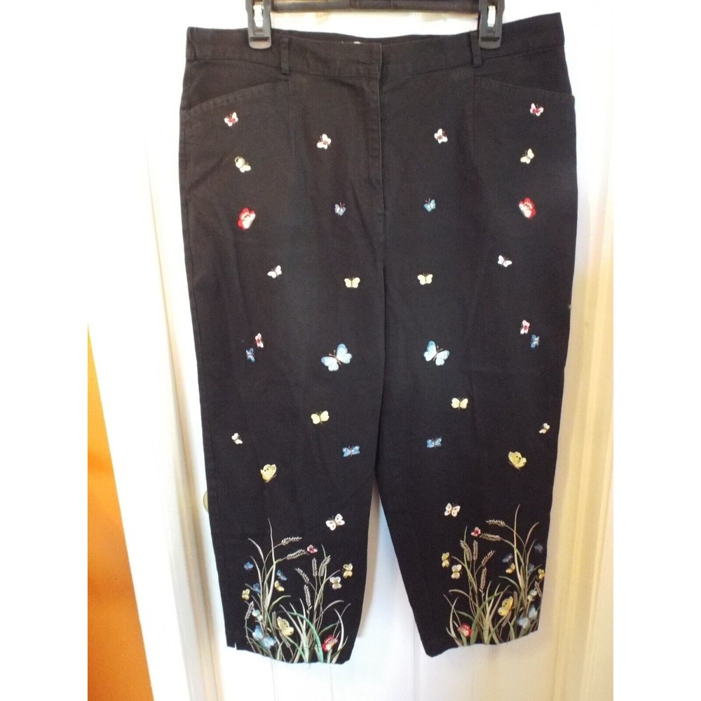 Talbots Women's 16W Petite Black Pants with Embroidered Butterfly Garden Design